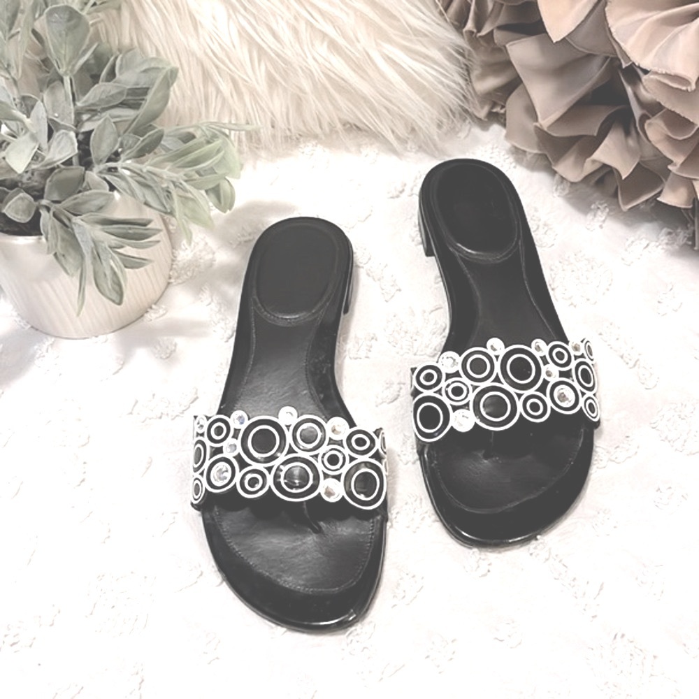 Stuart Weitzman Black Slide Sandals with Silver Circle Embellishments - Picture 2 of 14